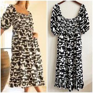 THML Black and White Midi Dress with Puff Sleeves